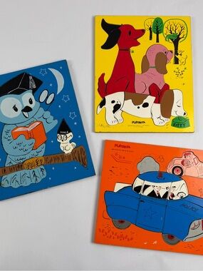 Vintage Playskool Lot of 3 Wood Puzzles USA Owl Dogs Police Board Retro Toy 70s